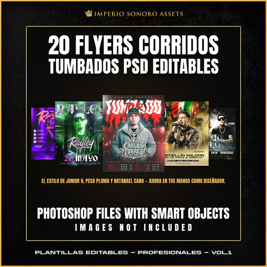Pack de 20 plantillas PSD editables para flyers de Corridos Tumbados y Regional Mexicano — Imperio Sonoro Assets