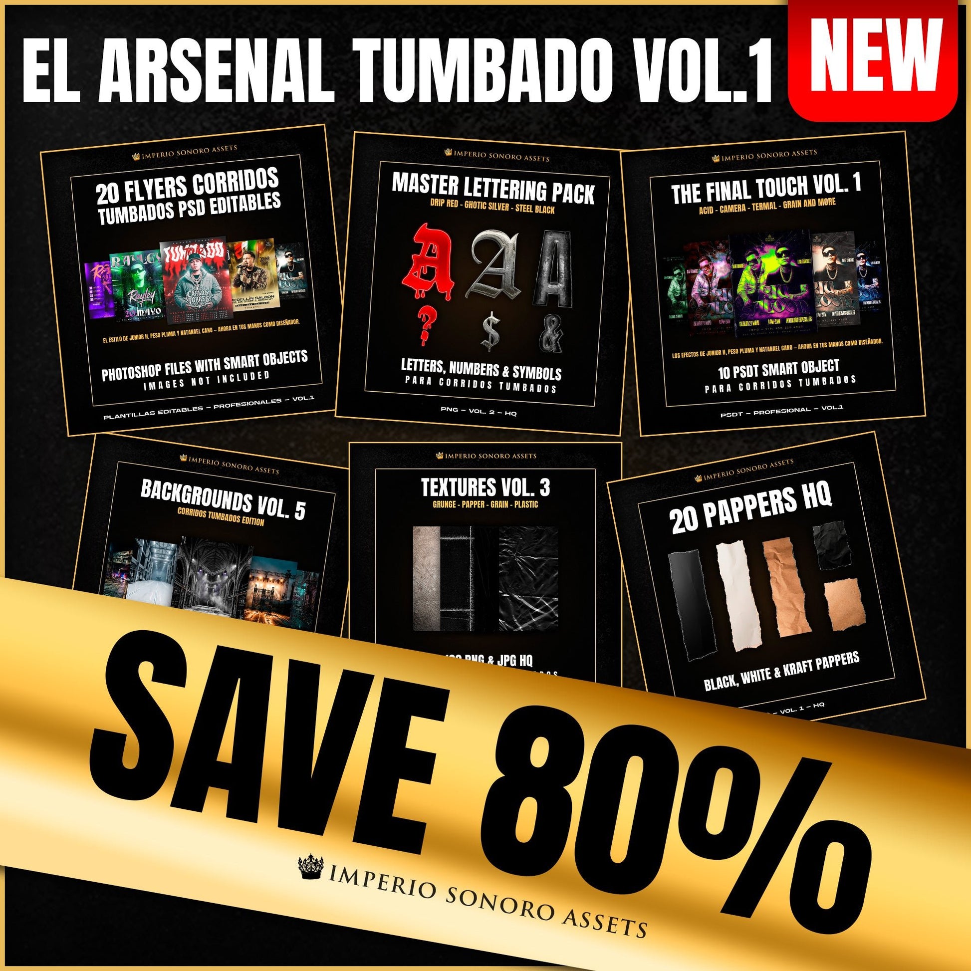 DROP 005: ISA Arsenal Tumbado VOL. 1 — kit completo de PSDs, lettering, texturas y fondos para flyers de Corridos Tumbados — Imperio Sonoro Assets