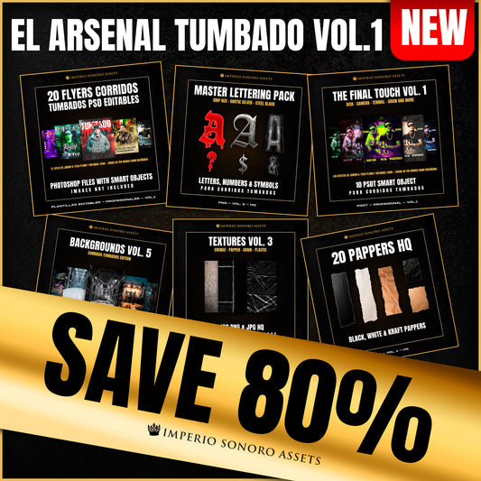 DROP 005: ISA Arsenal Tumbado VOL. 1 — kit completo de PSDs, lettering, texturas y fondos para flyers de Corridos Tumbados — Imperio Sonoro Assets