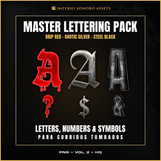 Master Lettering Pack con estilos Gothic Silver, Drip Red y Steel Black para flyers de Regional Mexicano — Imperio Sonoro Assets