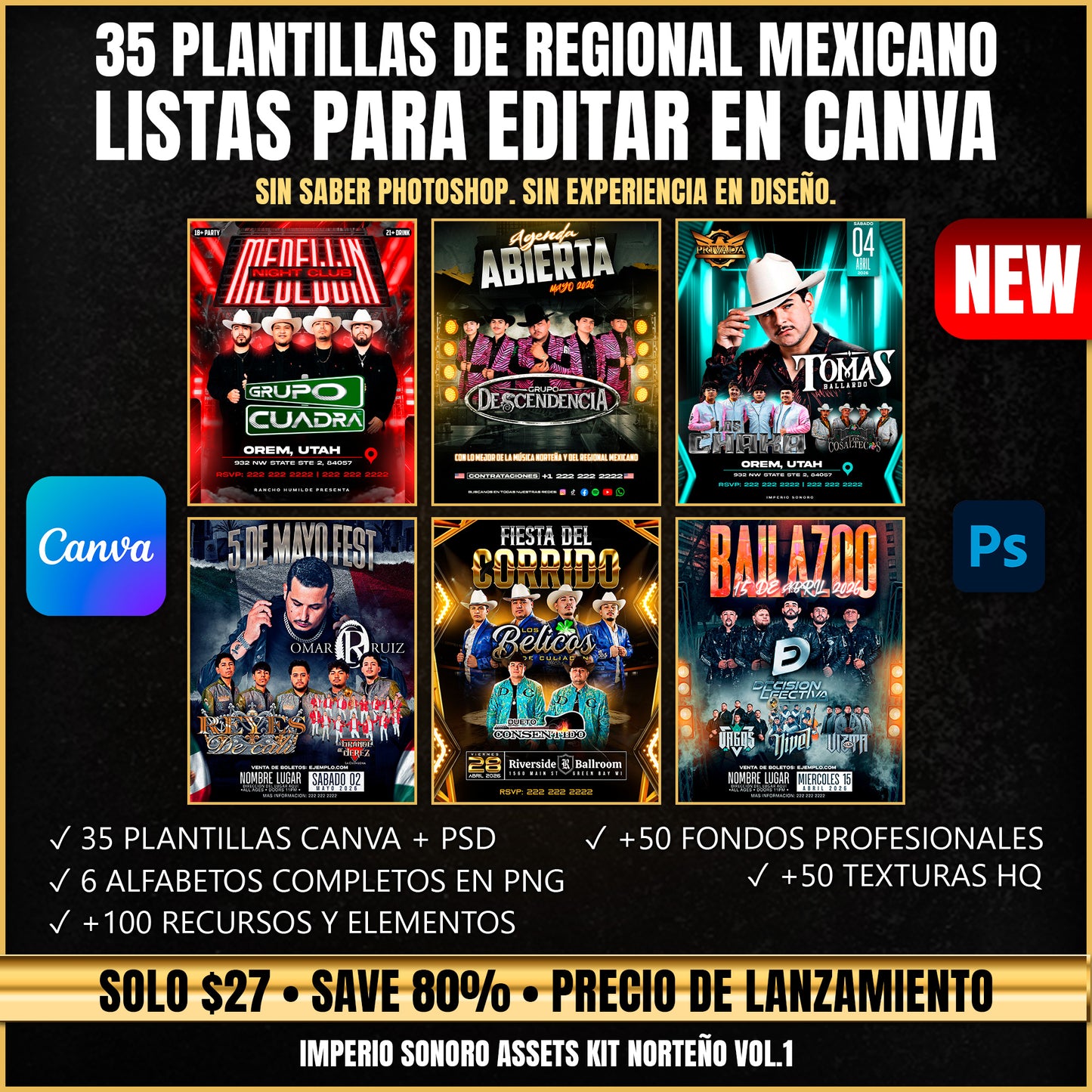 Kit Norteño VOL.1 — 35 Plantillas Canva + PSD Regional Mexicano