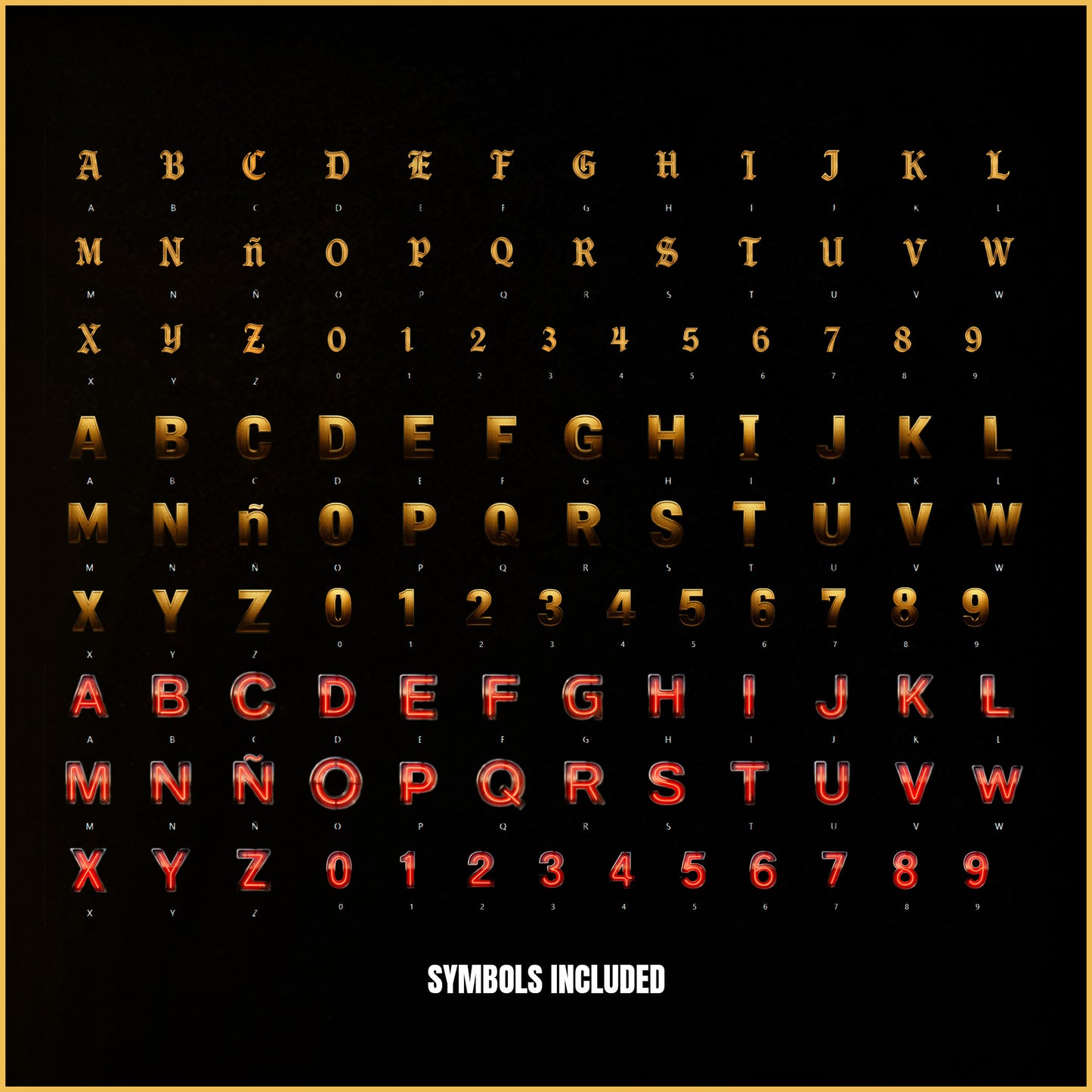 MASTER LETTERING PACK – Gold Luxury, Gothic Gold & Neon Red (3D PNGs)